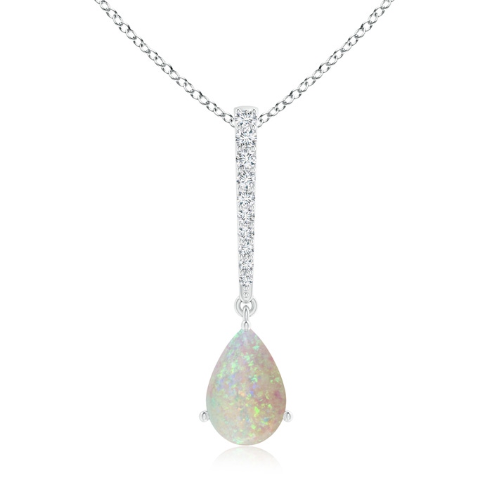 9x6mm AAA Opal Solitaire Long Drop Pendant with Diamond Studded Bale in White Gold 