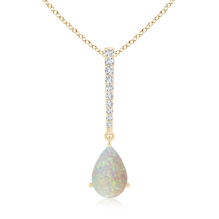 9x6mm AAA Opal Solitaire Long Drop Pendant with Diamond Studded Bale in Yellow Gold 