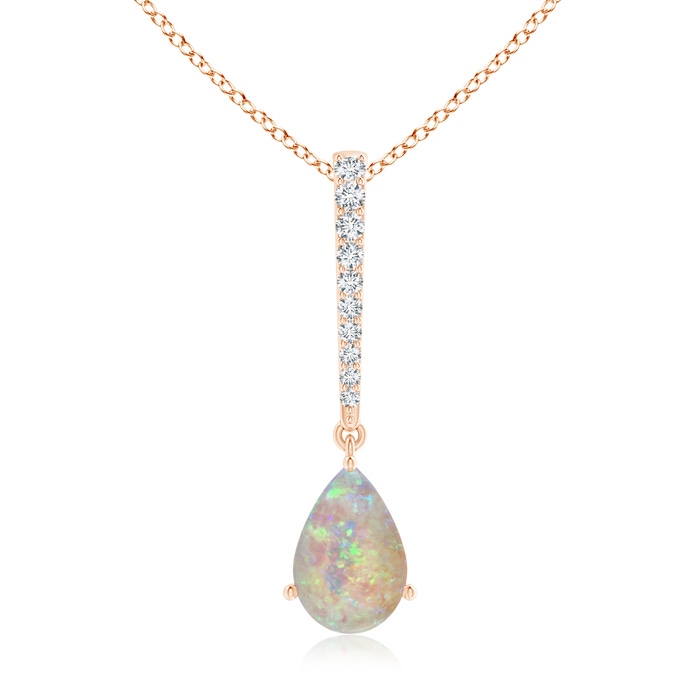 9x6mm AAAA Opal Solitaire Long Drop Pendant with Diamond Studded Bale in Rose Gold 