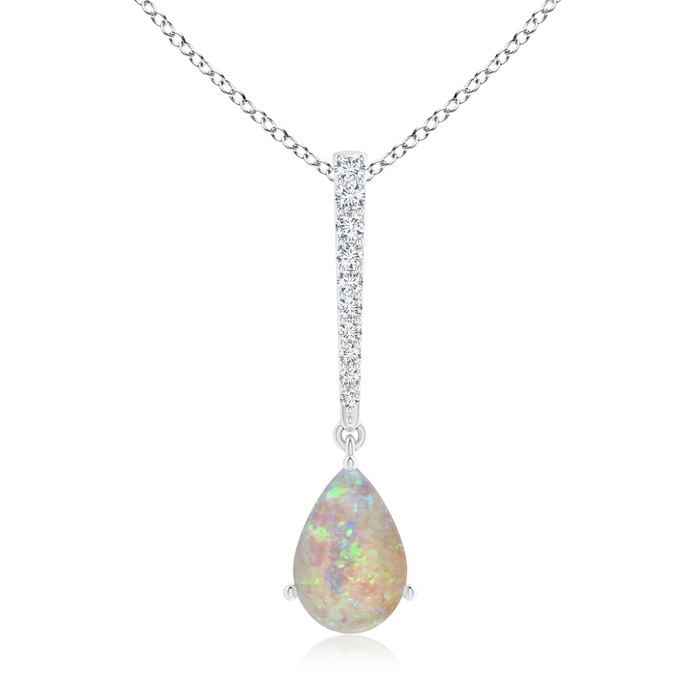 9x6mm AAAA Opal Solitaire Long Drop Pendant with Diamond Studded Bale in White Gold