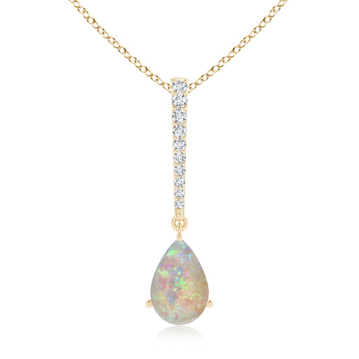 9x6mm AAAA Opal Solitaire Long Drop Pendant with Diamond Studded Bale in Yellow Gold
