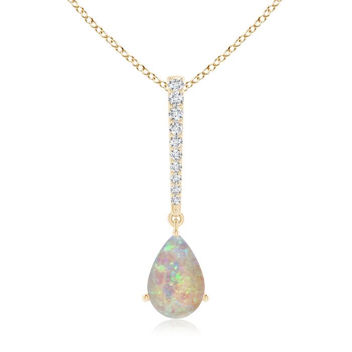 9x6mm AAAA Opal Solitaire Long Drop Pendant with Diamond Studded Bale in Yellow Gold 