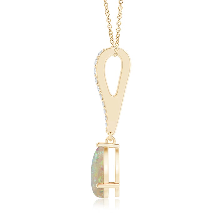 9x6mm AAAA Opal Solitaire Long Drop Pendant with Diamond Studded Bale in Yellow Gold - side 1