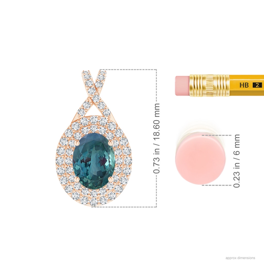 7.76x5.63x4.54mm AAAA GIA Certified Oval Alexandrite Double Halo Pendant in Rose Gold ruler