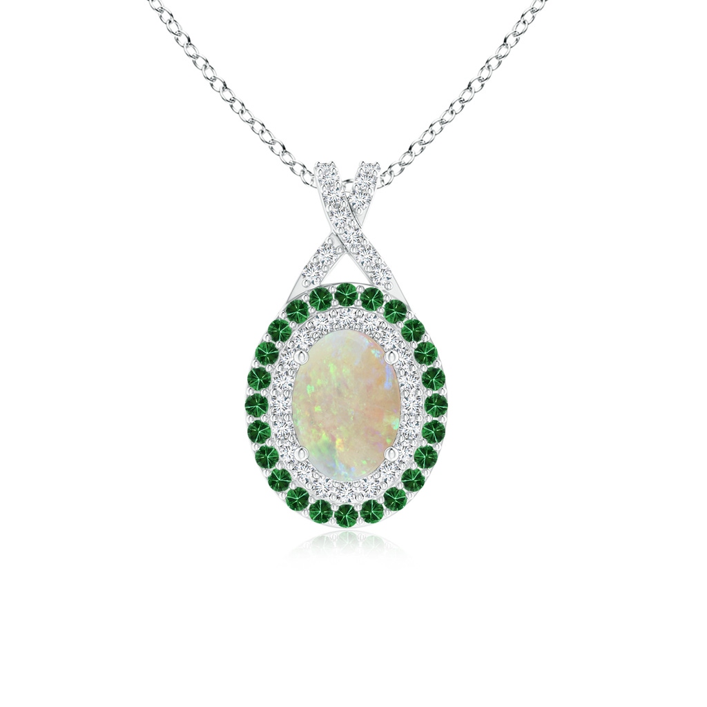 7x5mm AAA Oval Opal Double Halo Pendant with Diamond and Tsavorite in 9K White Gold 