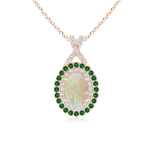 7x5mm AAA Oval Opal Double Halo Pendant with Diamond and Tsavorite in Rose Gold