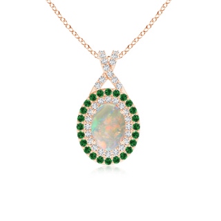 7x5mm AAAA Oval Opal Double Halo Pendant with Diamond and Tsavorite in 9K Rose Gold