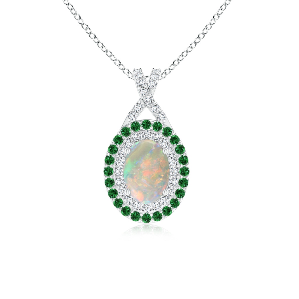 7x5mm AAAA Oval Opal Double Halo Pendant with Diamond and Tsavorite in P950 Platinum