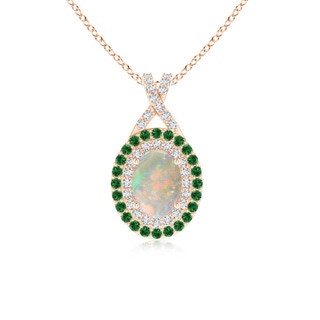 7x5mm AAAA Oval Opal Double Halo Pendant with Diamond and Tsavorite in Rose Gold