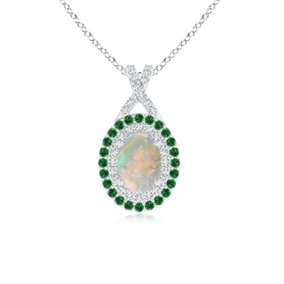 7x5mm AAAA Oval Opal Double Halo Pendant with Diamond and Tsavorite in White Gold
