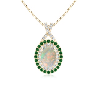 7x5mm AAAA Oval Opal Double Halo Pendant with Diamond and Tsavorite in Yellow Gold