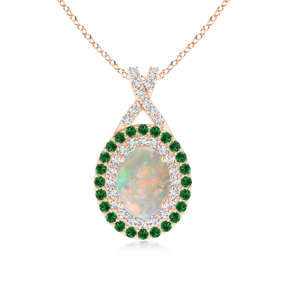 8x6mm AAAA Oval Opal Double Halo Pendant with Diamond and Tsavorite in Rose Gold