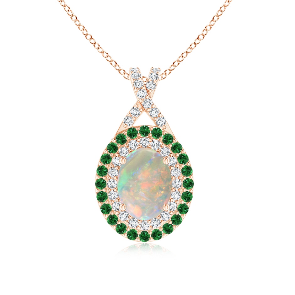 8x6mm AAAA Oval Opal Double Halo Pendant with Diamond and Tsavorite in Rose Gold 