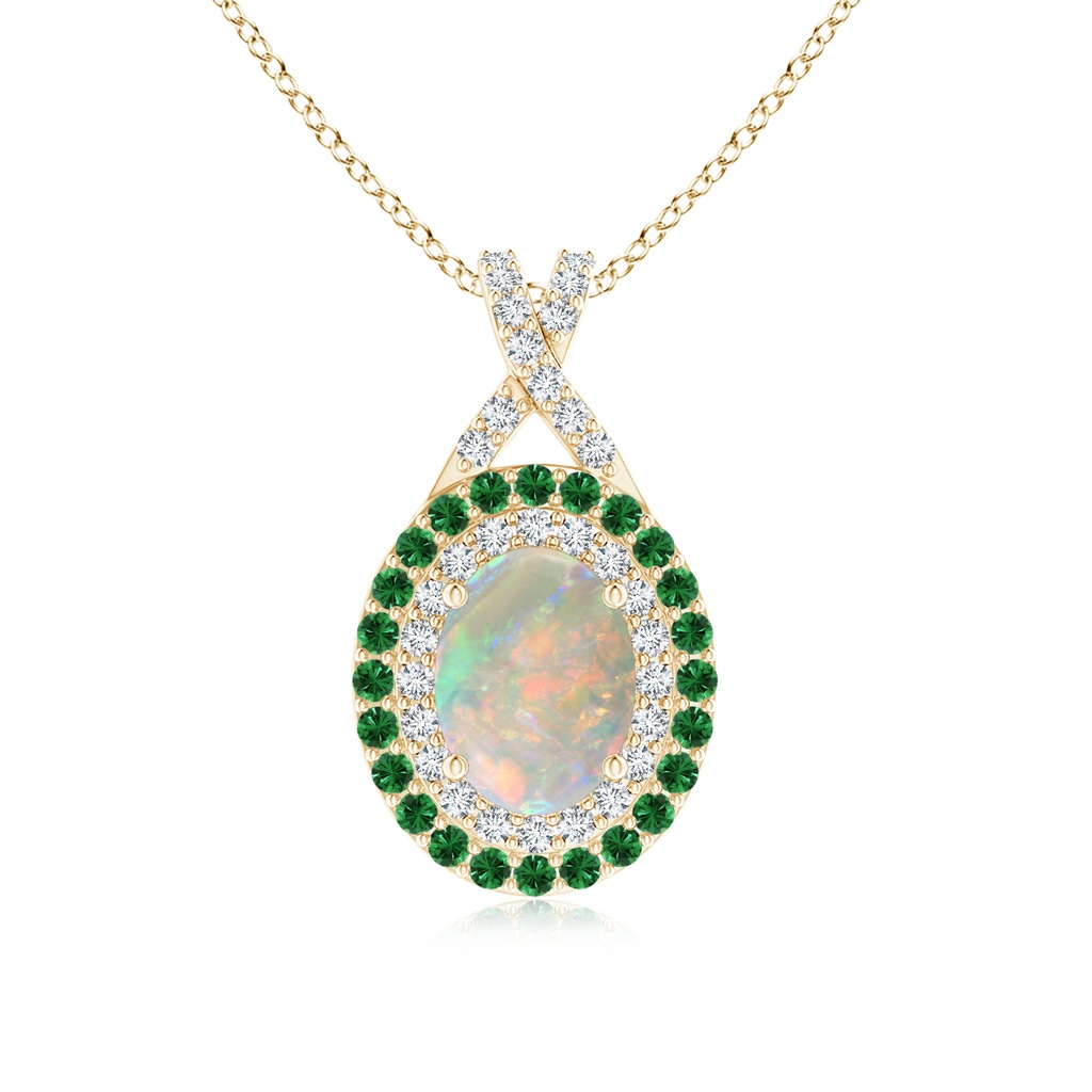 8x6mm AAAA Oval Opal Double Halo Pendant with Diamond and Tsavorite in Yellow Gold
