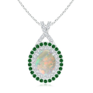 9x7mm AAAA Oval Opal Double Halo Pendant with Diamond and Tsavorite in P950 Platinum