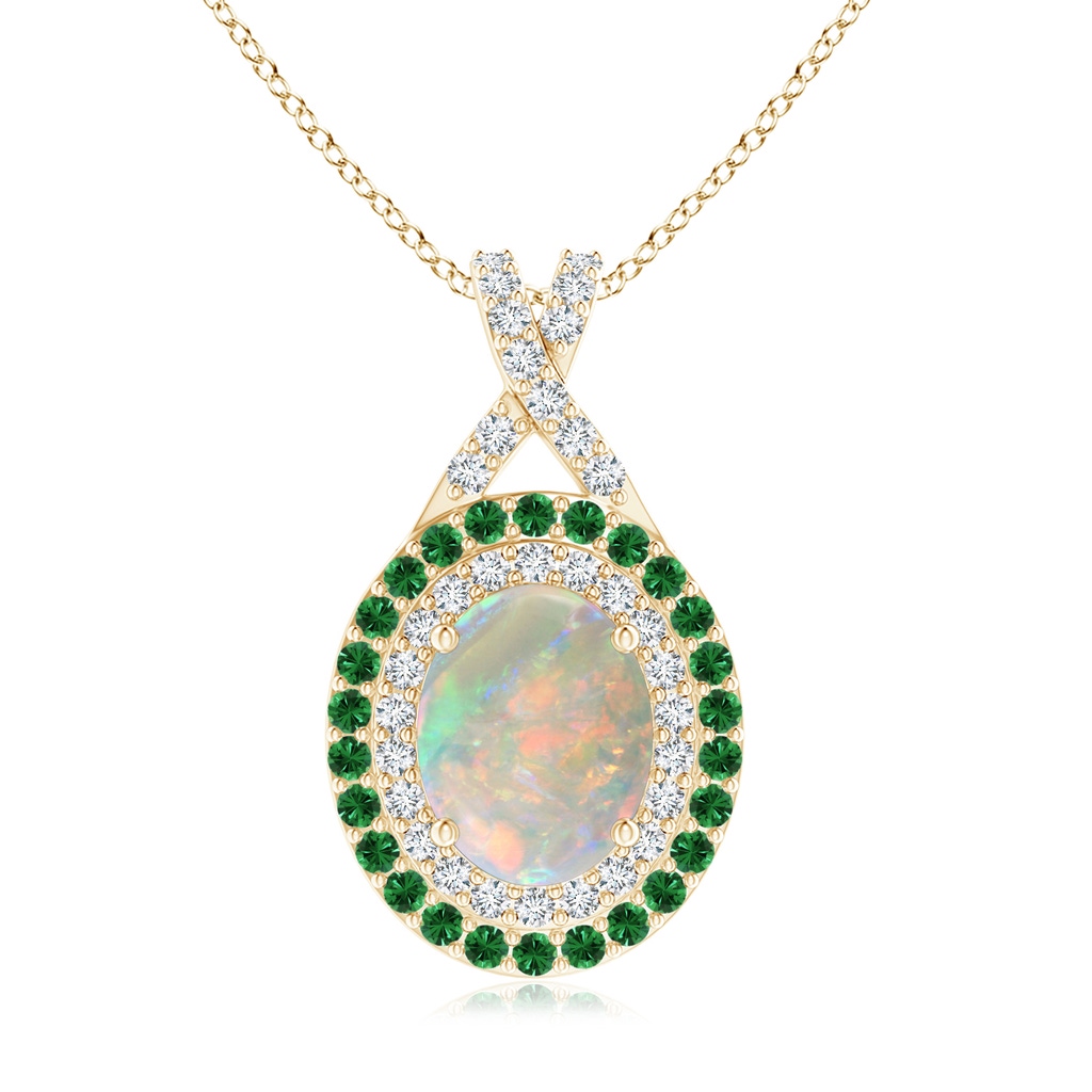 9x7mm AAAA Oval Opal Double Halo Pendant with Diamond and Tsavorite in Yellow Gold