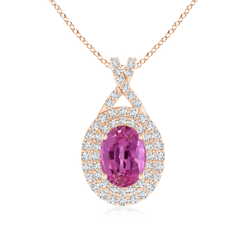 7.13x5.11x2.61mm AAA GIA Certified Oval Pink Sapphire Double Halo Pendant in Rose Gold