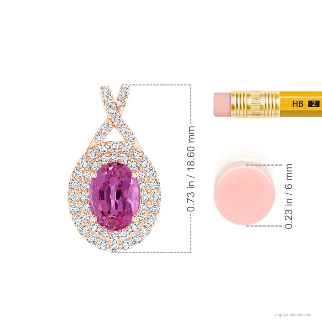 7.13x5.11x2.61mm AAA GIA Certified Oval Pink Sapphire Double Halo Pendant in Rose Gold ruler