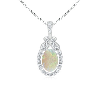 7x5mm AAA Floating Opal and Diamond Halo Pendant with Butterfly Motif in 9K White Gold