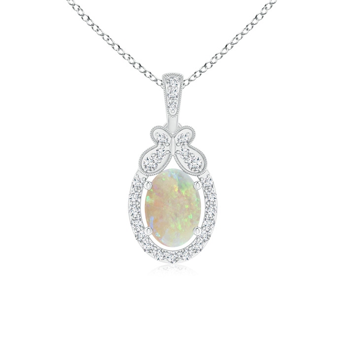 7x5mm AAA Floating Opal and Diamond Halo Pendant with Butterfly Motif in White Gold 