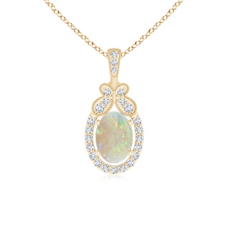 7x5mm AAA Floating Opal and Diamond Halo Pendant with Butterfly Motif in Yellow Gold