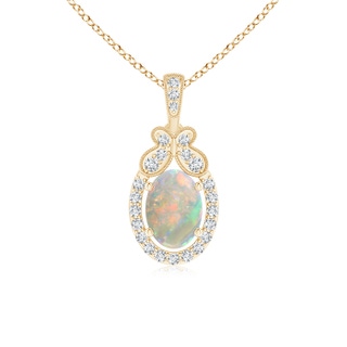 7x5mm AAAA Floating Opal and Diamond Halo Pendant with Butterfly Motif in Yellow Gold
