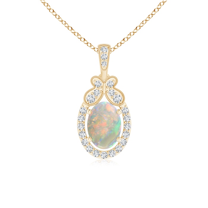 7x5mm AAAA Floating Opal and Diamond Halo Pendant with Butterfly Motif in Yellow Gold 