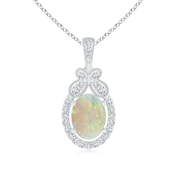 8x6mm AAA Floating Opal and Diamond Halo Pendant with Butterfly Motif in White Gold 