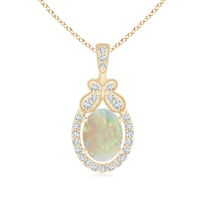 8x6mm AAA Floating Opal and Diamond Halo Pendant with Butterfly Motif in Yellow Gold 