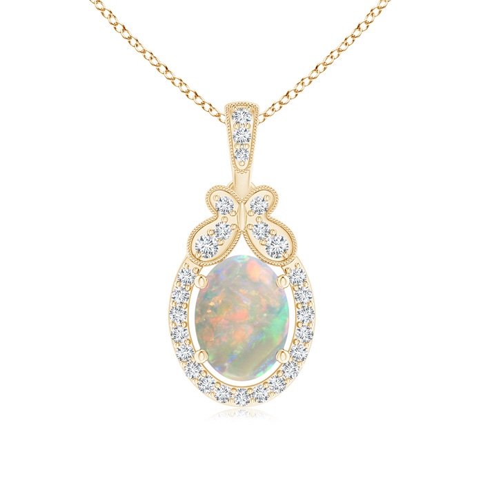 8x6mm AAAA Floating Opal and Diamond Halo Pendant with Butterfly Motif in Yellow Gold 