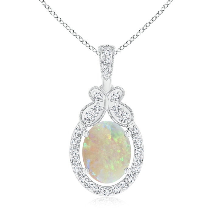 9x7mm AAA Floating Opal and Diamond Halo Pendant with Butterfly Motif in P950 Platinum 
