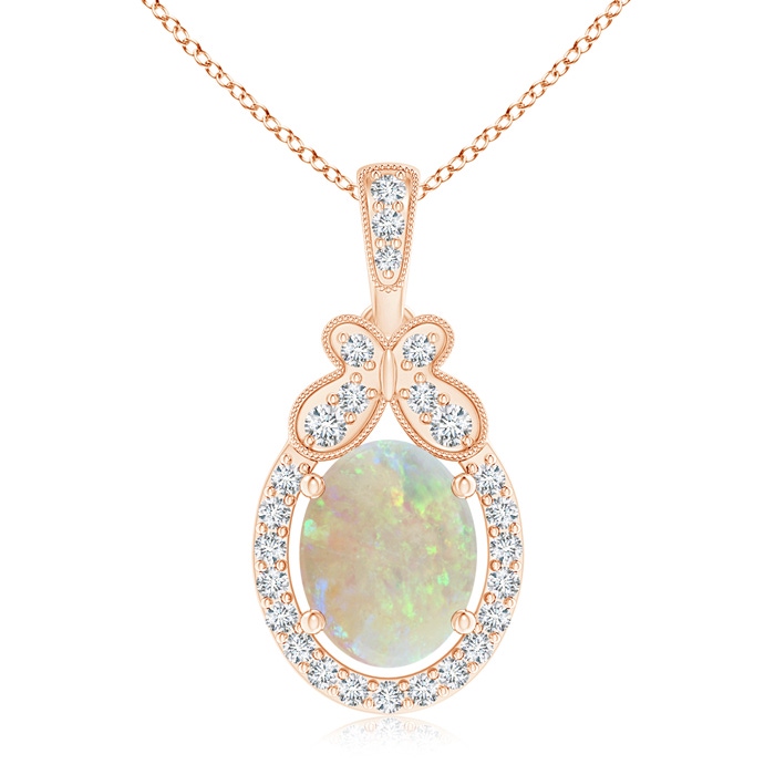9x7mm AAA Floating Opal and Diamond Halo Pendant with Butterfly Motif in Rose Gold 