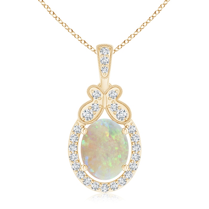 9x7mm AAA Floating Opal and Diamond Halo Pendant with Butterfly Motif in Yellow Gold 