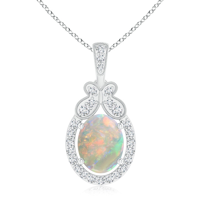 9x7mm AAAA Floating Opal and Diamond Halo Pendant with Butterfly Motif in White Gold 