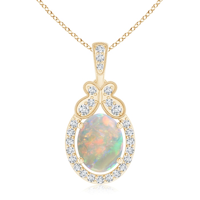 9x7mm AAAA Floating Opal and Diamond Halo Pendant with Butterfly Motif in Yellow Gold 