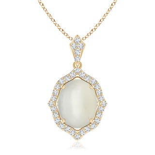 10x8mm AAA Scalloped Frame Oval Moonstone and Diamond Halo Pendant in Yellow Gold