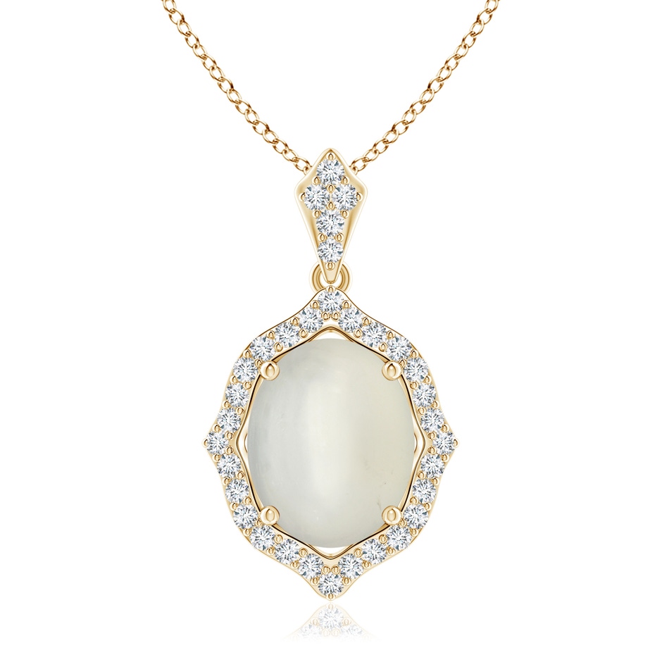 10x8mm AAA Scalloped Frame Oval Moonstone and Diamond Halo Pendant in Yellow Gold 