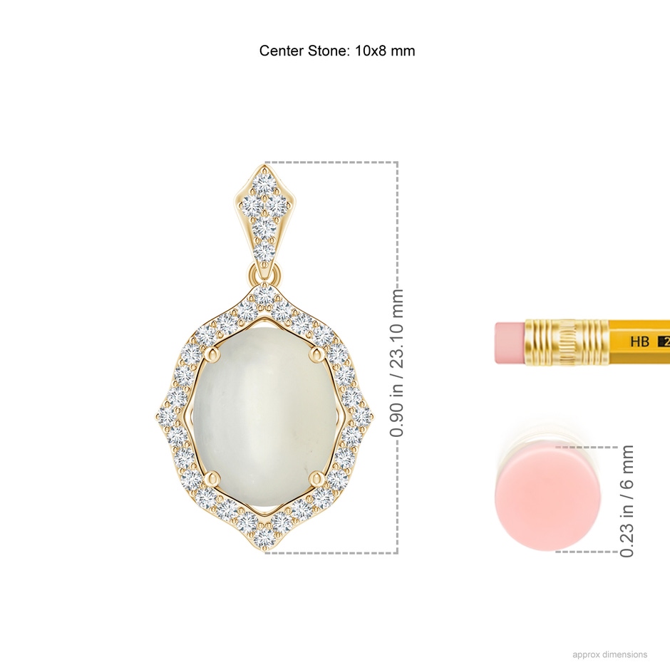 10x8mm AAA Scalloped Frame Oval Moonstone and Diamond Halo Pendant in Yellow Gold ruler