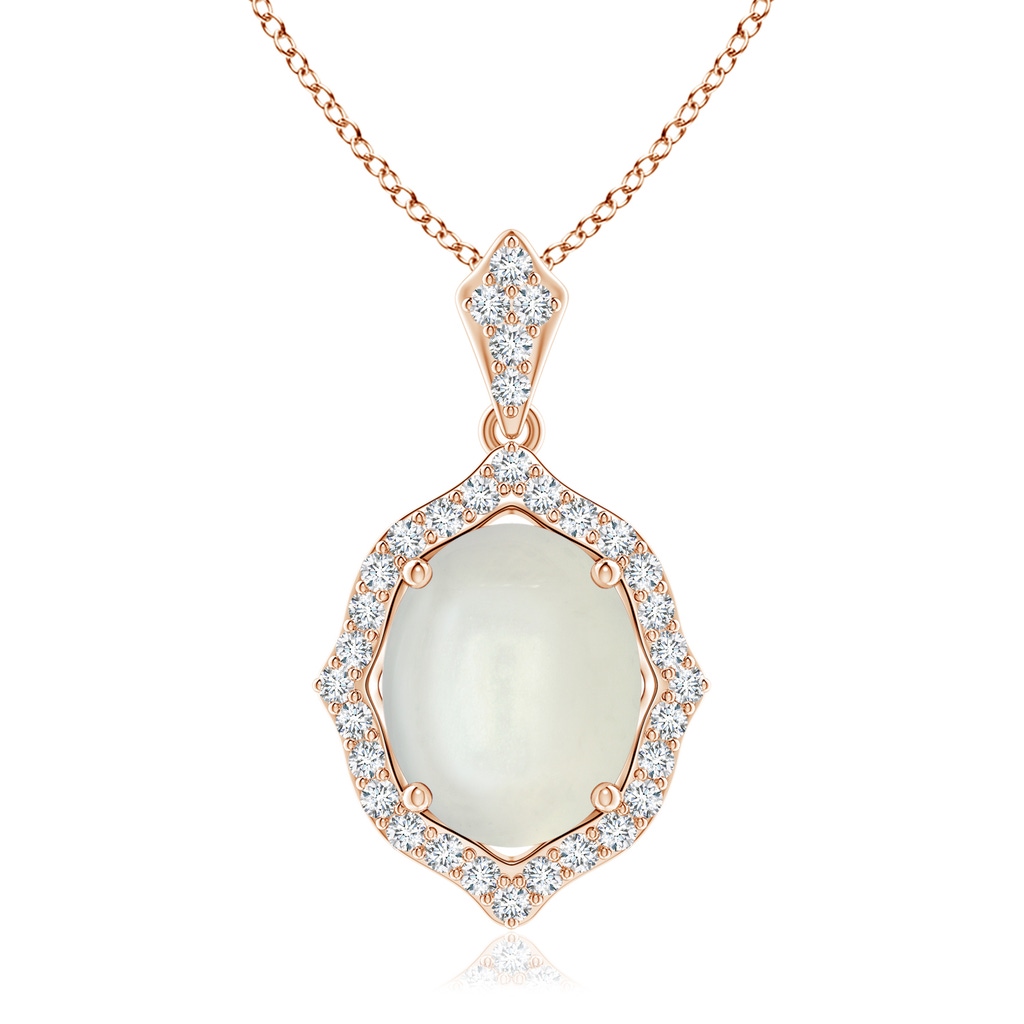 10x8mm AAAA Scalloped Frame Oval Moonstone and Diamond Halo Pendant in Rose Gold