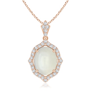 10x8mm AAAA Scalloped Frame Oval Moonstone and Diamond Halo Pendant in Rose Gold