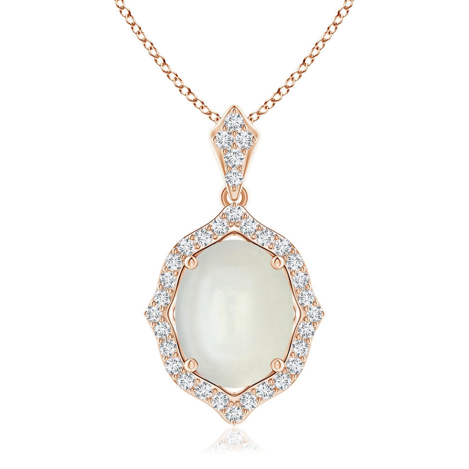 10x8mm AAAA Scalloped Frame Oval Moonstone and Diamond Halo Pendant in Rose Gold 