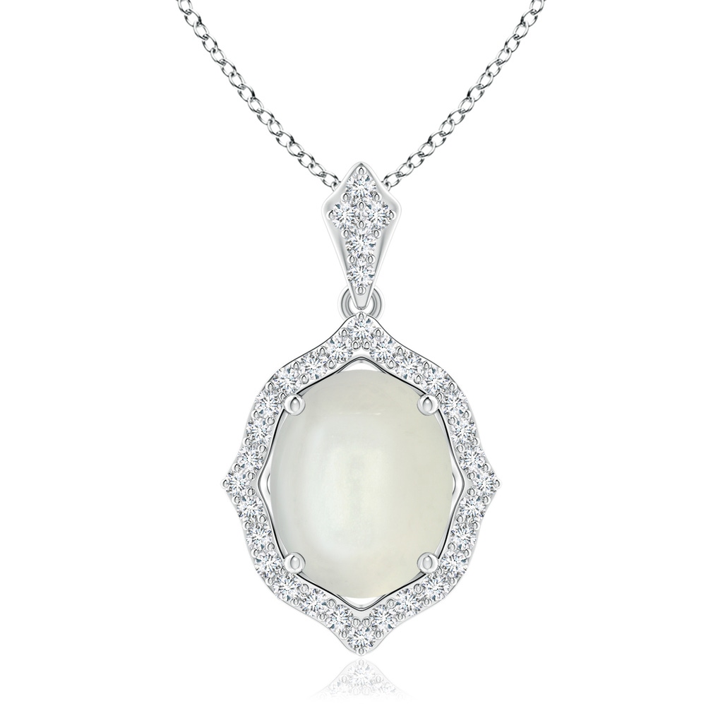 10x8mm AAAA Scalloped Frame Oval Moonstone and Diamond Halo Pendant in White Gold