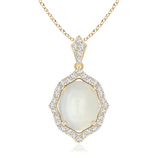 10x8mm AAAA Scalloped Frame Oval Moonstone and Diamond Halo Pendant in Yellow Gold