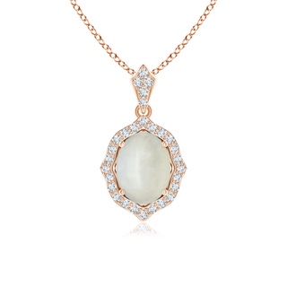 8x6mm AA Scalloped Frame Oval Moonstone and Diamond Halo Pendant in 10K Rose Gold