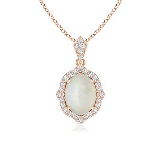 8x6mm AA Scalloped Frame Oval Moonstone and Diamond Halo Pendant in Rose Gold