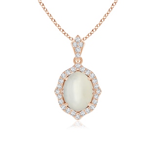 8x6mm AAA Scalloped Frame Oval Moonstone and Diamond Halo Pendant in 10K Rose Gold