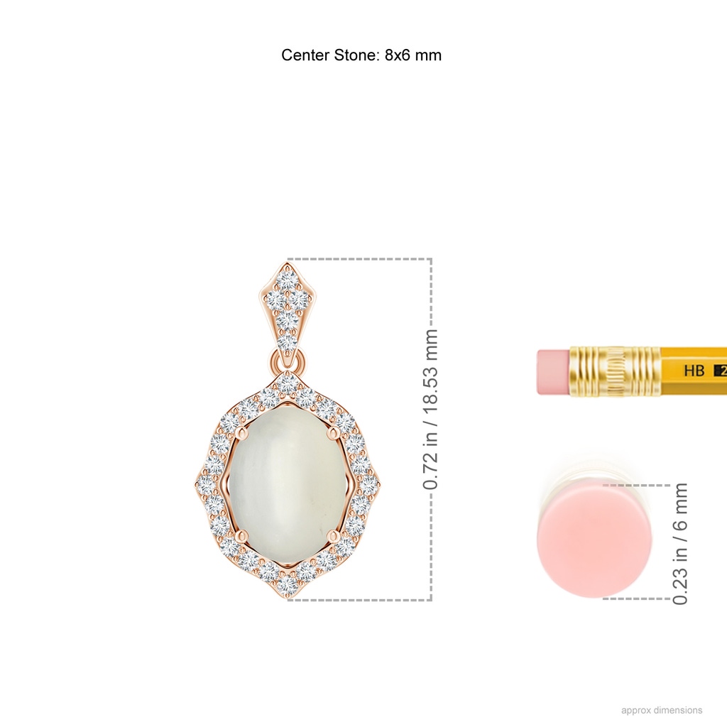8x6mm AAA Scalloped Frame Oval Moonstone and Diamond Halo Pendant in Rose Gold Ruler