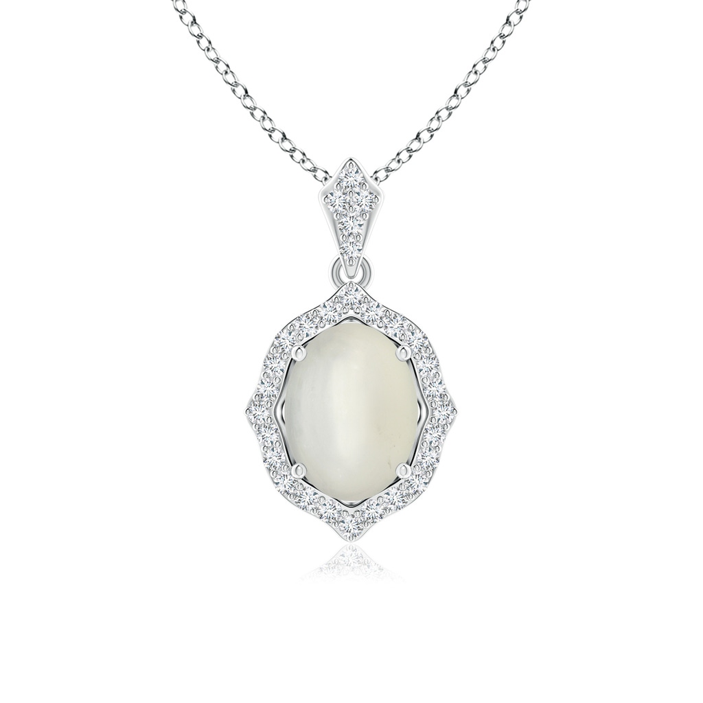 8x6mm AAA Scalloped Frame Oval Moonstone and Diamond Halo Pendant in White Gold