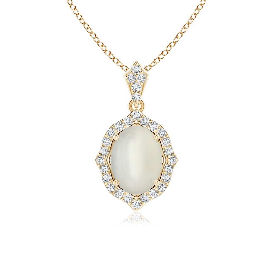 8x6mm AAA Scalloped Frame Oval Moonstone and Diamond Halo Pendant in Yellow Gold 