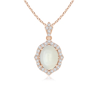 8x6mm AAAA Scalloped Frame Oval Moonstone and Diamond Halo Pendant in 10K Rose Gold